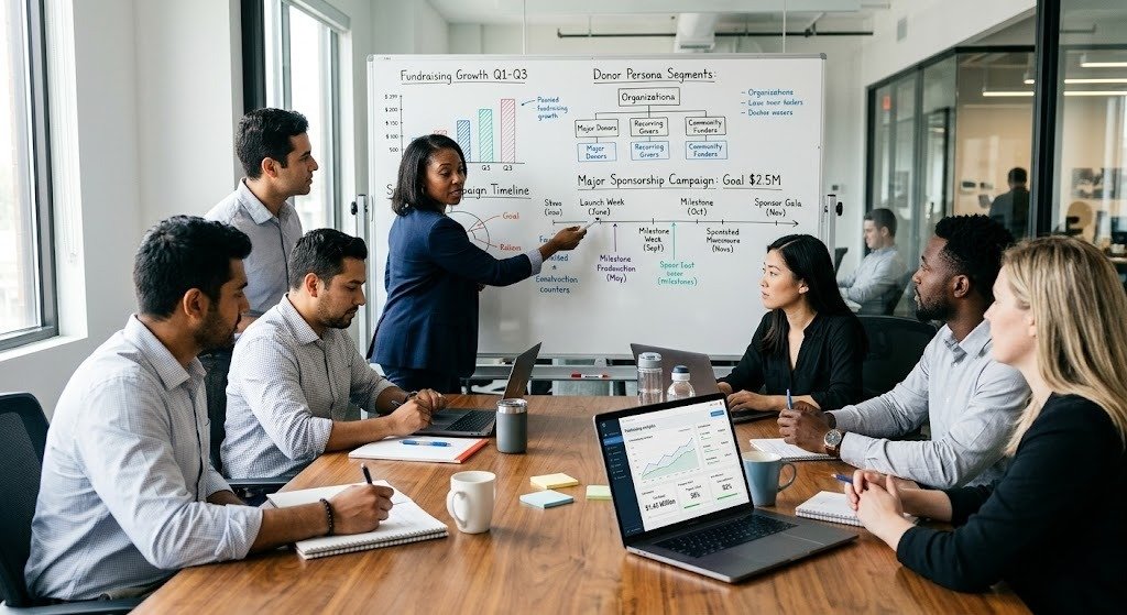 Consultant presenting a fundraising and development strategy to a team